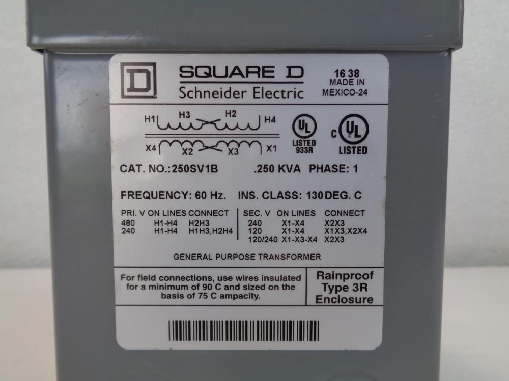 Square D General Purpose Transformer, 1PH .25KVA 240/480V, 120/240V, #250SV1B